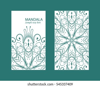 Flyer laser cut mandala. Cut paper card with lace pattern. Wedding invitations, postcards and business card templates. Decorative cards for laser cutting.