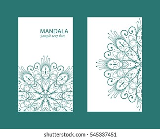 Flyer laser cut mandala. Cut paper card with lace pattern. Wedding invitations, postcards and business card templates. Decorative cards for laser cutting.