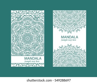 Flyer laser cut a mandala. Cut paper card with lace pattern. Wedding invitations, postcards and business cards templates. Decorative cards for laser cutting.