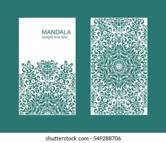 Flyer laser cut a mandala. Cut paper card with lace pattern. Wedding invitations, postcards and business cards templates. Decorative cards for laser cutting.