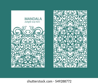 Flyer laser cut a mandala. Cut paper card with lace pattern. Wedding invitations, postcards and business cards templates. Decorative cards for laser cutting.