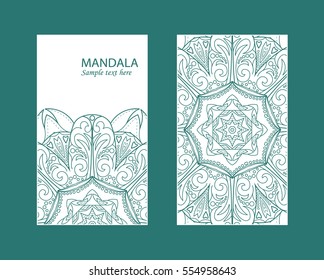 Flyer laser cut a mandala. Cut paper card with lace pattern. Wedding invitations, postcards and business cards templates. Decorative cards for laser cutting. Vector EPS 10