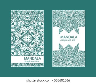 Flyer laser cut a mandala. Cut paper card with lace pattern. Wedding invitations, postcards and business cards templates. Decorative cards for laser cutting.