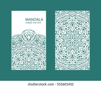 Flyer laser cut a mandala. Cut paper card with lace pattern. Wedding invitations, postcards and business cards templates. Decorative cards for laser cutting.