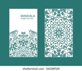 Flyer laser cut a mandala. Cut paper card with lace pattern. Wedding invitations, postcards and business cards templates. Decorative cards for laser cutting.