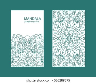 Flyer laser cut a mandala. Cut paper card with lace pattern. Wedding invitations, postcards and business cards templates. Decorative cards for laser cutting.