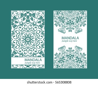 Flyer laser cut a mandala. Cut paper card with lace pattern. Wedding invitations, postcards and business cards templates. Decorative cards for laser cutting.