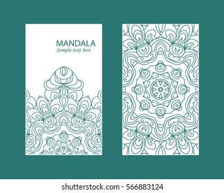 Flyer laser cut a mandala. Cut paper card with lace pattern. Wedding invitations, postcards and business cards templates. Decorative cards for laser cutting.