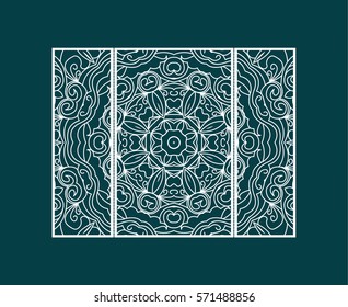 Flyer laser cut a mandala. Cut paper card with lace pattern. Wedding invitations, postcards and business cards templates. Decorative cards for laser cutting.