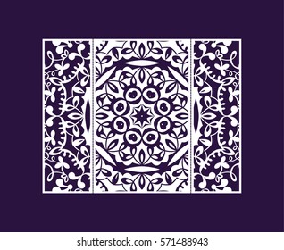 Flyer laser cut a mandala. Cut paper card with lace pattern. Wedding invitations, postcards and business cards templates. Decorative cards for laser cutting.