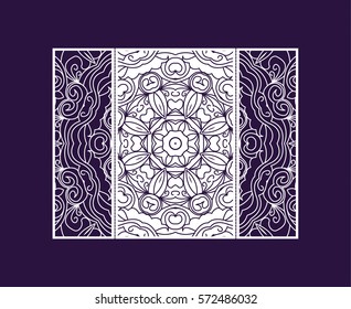 Flyer laser cut a mandala. Cut paper card with lace pattern. Wedding invitations, postcards and business cards templates. Decorative cards for laser cutting.