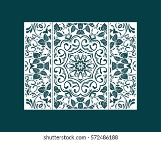 Flyer laser cut a mandala. Cut paper card with lace pattern. Wedding invitations, postcards and business cards templates. Decorative cards for laser cutting.