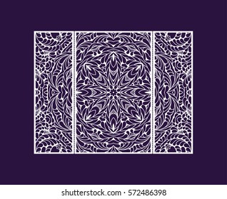 Flyer laser cut a mandala. Cut paper card with lace pattern. Wedding invitations, postcards and business cards templates. Decorative cards for laser cutting.