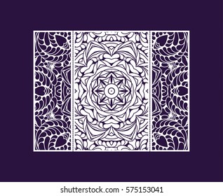 Flyer laser cut a mandala. Cut paper card with lace pattern. Wedding invitations, postcards and business cards templates. Decorative cards for laser cutting.