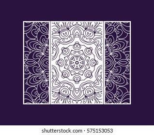 Flyer laser cut a mandala. Cut paper card with lace pattern. Wedding invitations, postcards and business cards templates. Decorative cards for laser cutting.