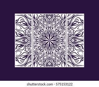 Flyer laser cut a mandala. Cut paper card with lace pattern. Wedding invitations, postcards and business cards templates. Decorative cards for laser cutting.