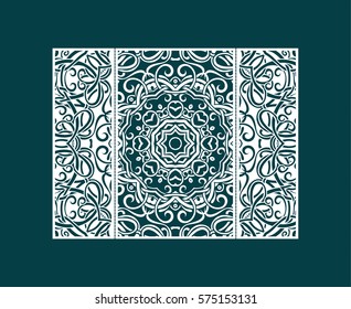 Flyer laser cut a mandala. Cut paper card with lace pattern. Wedding invitations, postcards and business cards templates. Decorative cards for laser cutting.