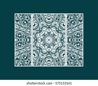 Flyer laser cut a mandala. Cut paper card with lace pattern. Wedding invitations, postcards and business cards templates. Decorative cards for laser cutting.