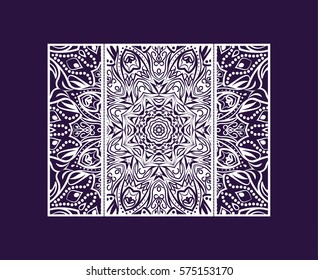 Flyer laser cut a mandala. Cut paper card with lace pattern. Wedding invitations, postcards and business cards templates. Decorative cards for laser cutting.