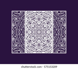 Flyer laser cut a mandala. Cut paper card with lace pattern. Wedding invitations, postcards and business cards templates. Decorative cards for laser cutting.