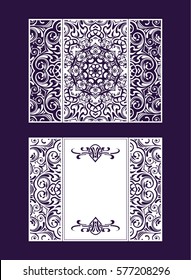 Flyer laser cut a mandala. Cut paper card with lace pattern. Wedding invitations, postcards and business cards templates. Decorative cards for laser cutting.