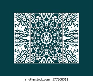 Flyer laser cut a mandala. Cut paper card with lace pattern. Wedding invitations, postcards and business cards templates. Decorative cards for laser cutting.