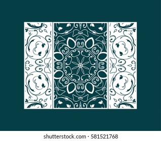 Flyer laser cut a mandala. Cut paper card with lace pattern. Wedding invitations, postcards and business cards templates. Decorative cards for laser cutting.