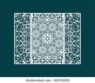 Flyer laser cut a mandala. Cut paper card with lace pattern. Wedding invitations, postcards and business cards templates. Decorative cards for laser cutting.