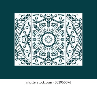 Flyer laser cut a mandala. Cut paper card with lace pattern. Wedding invitations, postcards and business cards templates. Decorative cards for laser cutting.