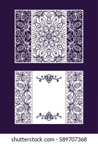 Flyer laser cut a mandala. Cut paper card with lace pattern. Wedding invitations, postcards and business cards templates. Decorative cards for laser cutting.