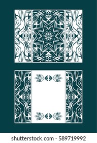 Flyer laser cut a mandala. Cut paper card with lace pattern. Wedding invitations, postcards and business cards templates. Decorative cards for laser cutting.
