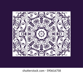 Flyer laser cut a mandala. Cut paper card with lace pattern. Wedding invitations, postcards and business cards templates. Decorative cards for laser cutting.