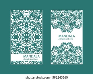 Flyer laser cut mandala. Cut paper card with lace pattern. Wedding invitations, postcards and business card templates. Decorative cards for laser cutting.