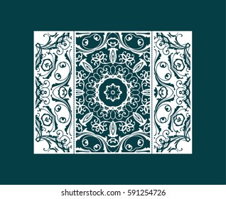 Flyer laser cut a mandala. Cut paper card with lace pattern. Wedding invitations, postcards and business cards templates. Decorative cards for laser cutting.