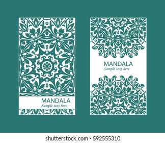Flyer laser cut mandala. Cut paper card with lace pattern. Wedding invitations, postcards and business card templates. Decorative cards for laser cutting.
