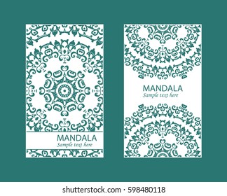 Flyer laser cut mandala. Cut paper card with lace pattern. Wedding invitations, postcards and business card templates. Decorative cards for laser cutting.