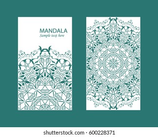 Flyer laser cut mandala. Cut paper card with lace pattern. Wedding invitations, postcards and business card templates. Decorative cards for laser cutting.