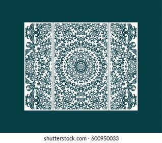 Flyer laser cut a mandala. Cut paper card with lace pattern. Wedding invitations, postcards and business cards templates. Decorative cards for laser cutting.