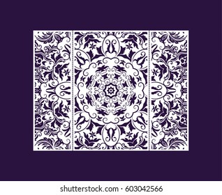 Flyer laser cut a mandala. Cut paper card with lace pattern. Wedding invitations, postcards and business cards templates. Decorative cards for laser cutting.