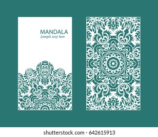 Flyer laser cut mandala. Cut paper card with lace pattern in dark teal. Wedding invitations, postcards and business card templates. Decorative cards for laser cutting. 