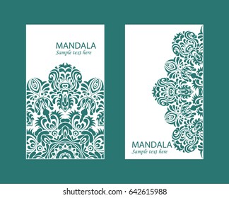Flyer laser cut mandala. Cut paper card with lace pattern in dark teal. Wedding invitations, postcards and business card templates. Decorative cards for laser cutting. 