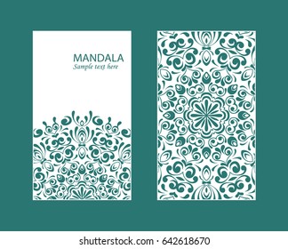 Flyer laser cut mandala. Cut paper card with lace pattern in dark teal. Wedding invitations, postcards and business card templates. Decorative cards for laser cutting. 