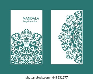 Flyer laser cut mandala. Cut paper card with lace pattern in dark teal. Wedding invitations, postcards and business card templates. Decorative cards for laser cutting. 