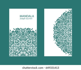 Flyer laser cut mandala. Cut paper card with lace pattern in dark teal. Wedding invitations, postcards and business card templates. Decorative cards for laser cutting. 