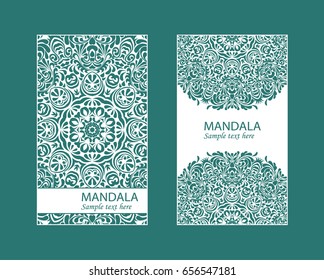 Flyer laser cut mandala. Cut paper card with lace pattern. Wedding invitations, postcards and business card templates. Decorative cards for laser cutting.