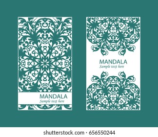 Flyer laser cut mandala. Cut paper card with lace pattern. Wedding invitations, postcards and business card templates. Decorative cards for laser cutting.