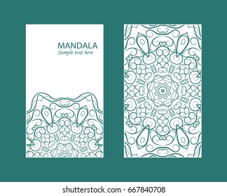 Flyer laser cut mandala. Cut paper card with lace pattern. Wedding invitations, postcards and business card templates. Decorative cards for laser cutting.