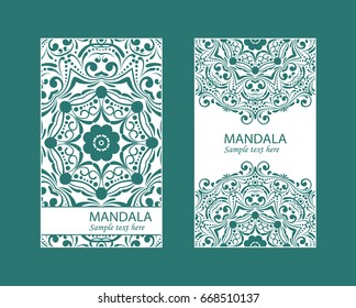 Flyer laser cut mandala. Cut paper card with lace pattern in dark teal. Wedding invitations, postcards and business card templates. Decorative cards for laser cutting. 