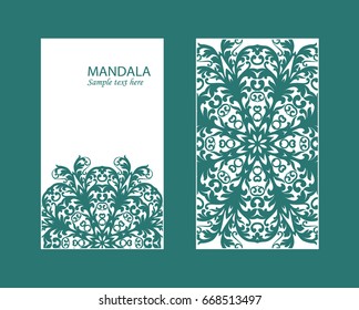 Flyer laser cut mandala. Cut paper card with lace pattern in dark teal. Wedding invitations, postcards and business card templates. Decorative cards for laser cutting. 