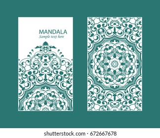 Flyer laser cut mandala. Cut paper card with lace pattern in dark teal. Wedding invitations, postcards and business card templates. Decorative cards for laser cutting.